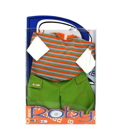 Roby-poupee-mis-en-chemise-rayee-et-un-pantalon-vert