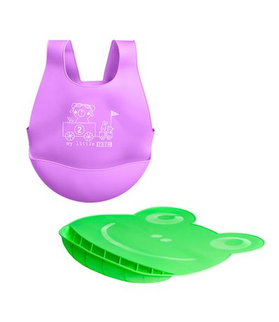 Babero-y-Mantel-de-silicona-Lila-y-Verde