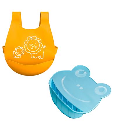 Babador-e-toalha-de-mesa-em-silicone-azul-e-laranja